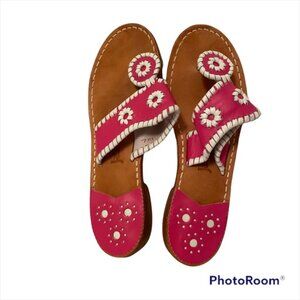 JACK ROGERS SANDALS SHOES THONGS FLAT PINK WHITE LEATHER PREPPY BARBIECORE